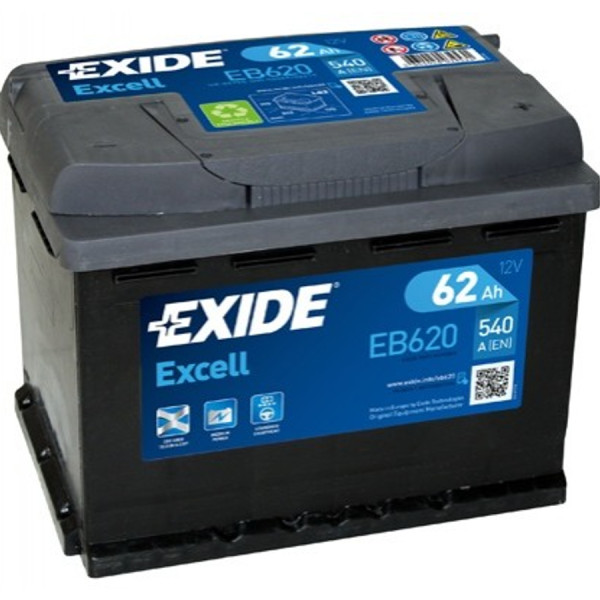 EXIDE Battery Excell EB620 62AH 540EN, Right - Closed Type Passenger Car Batteries