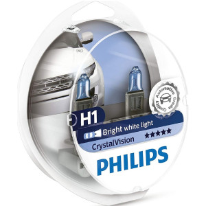 PHILIPS HeadLight Bulbs H1 CRYSTAL VISION 12V 60/55W 4300K, 12258CVSM - Set 2pcs Outdoor Lighting Lamps