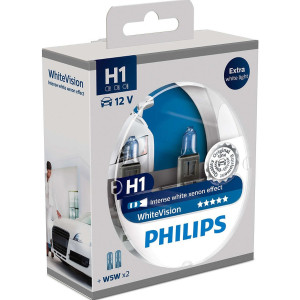 PHILIPS HeadLight Bulbs H1 WHITE VISION 12V 55W 3700K, 12258WHVSM - Set 2pcs Outdoor Lighting Lamps