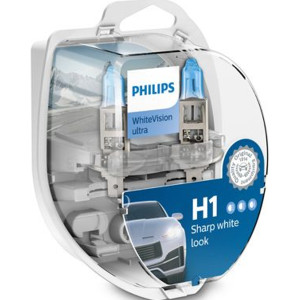 PHILIPS HeadLight Bulbs H1 WHITE VISION ULTRA 12V 55W 4000K, 12258WVUSM  - Set 2pcs Outdoor Lighting Lamps