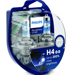 PHILIPS HeadLight Bulbs H4 RACING VISION GT 200% 12V 60/55W, 12342RGTS2 - Set 2pcs Outdoor Lighting Lamps