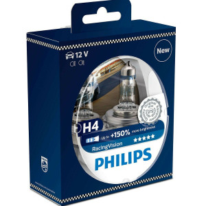 PHILIPS HeadLight Bulbs H4 RACING VISION +150% 12V 60/55W, 12342RVS2 - Set 2pcs Outdoor Lighting Lamps