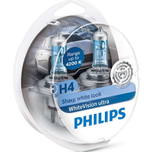 PHILIPS HeadLight Bulbs H4 WHITE VISION ULTRA 12V 60/55W 4200K, 12342WVUSM​  - Set 2pcs Outdoor Lighting Lamps