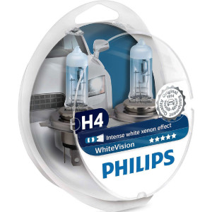 PHILIPS HeadLight Bulbs H4 WHITE VISION 12V 60/55W 3700K, 12342WHVSM​ - Set 2pcs Outdoor Lighting Lamps