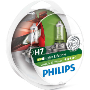 PHILIPS HeadLight Bulbs H7 LongLife EcoVision DUO 12V 55W, 12972LLECOS2 - Set 2pcs Outdoor Lighting Lamps