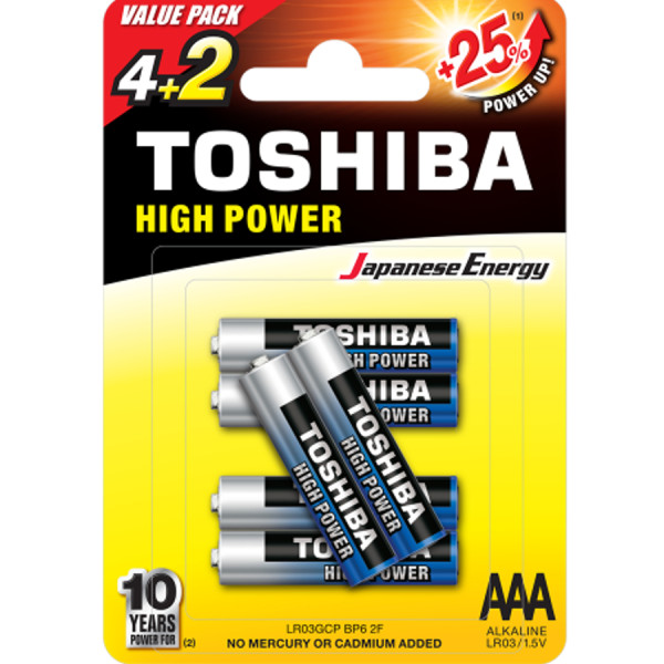 TOSHIBA High Power Alkaline Batteries AAA 1.5V, 4+2pcs (LR03GCP BP6 2F) Disposable Βatteries