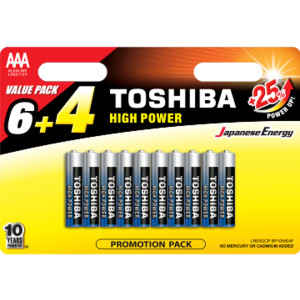 TOSHIBA High Power Alkaline Batteries 1.5V AAA 6+4Free, PROMO PACK 10pcs (LR03GCP BP10MS4F) Disposable Βatteries