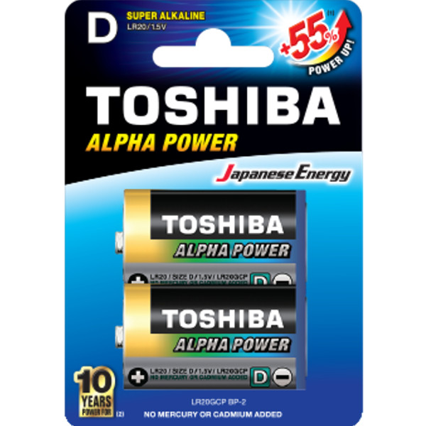 TOSHIBA Alpha Power Alkaline Batteries D 1.5V, 2pcs (LR20GCH BP-2​) Disposable Βatteries