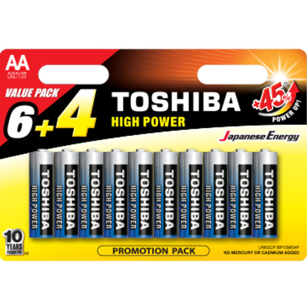 TOSHIBA High Power Alkaline Batteries 1.5V AA 6+4Free, PROMO PACK 10pcs (LR6GCP BP10MS4F) Disposable Βatteries