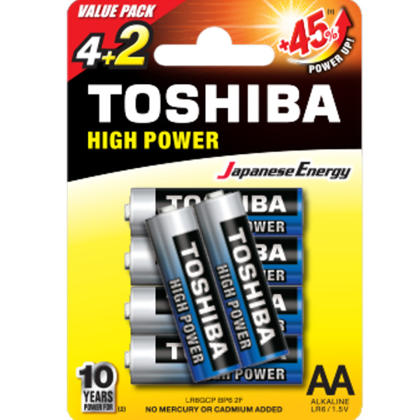 TOSHIBA High Power Alkaline Batteries AA 1.5V, 4+2pcs Free (LR6GCP BP6 2F) Disposable Βatteries